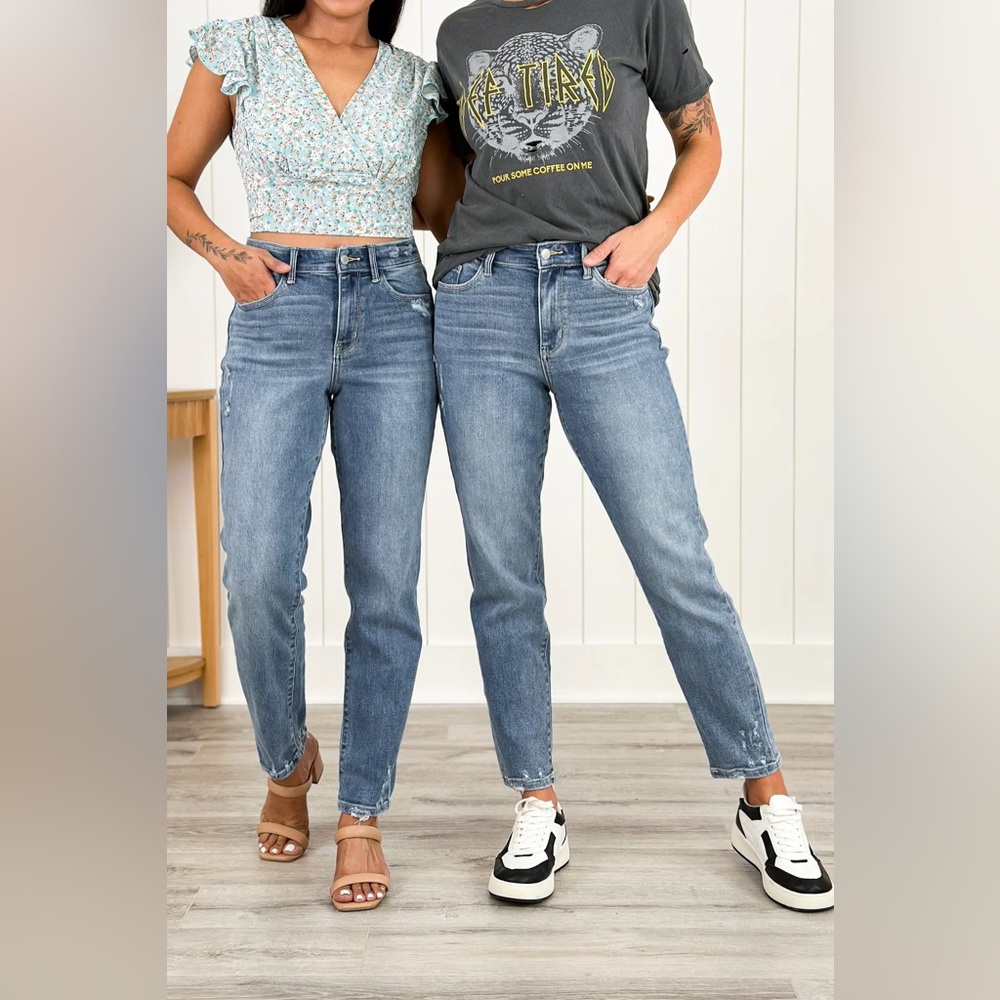 Judy Blue High Rise Distressed Slim Leg Jeans With Back Dart Hem